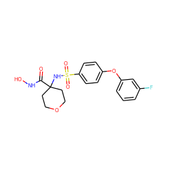 O=C(NO)C1(NS(=O)(=O)c2ccc(Oc3cccc(F)c3)cc2)CCOCC1 ZINC000027079570