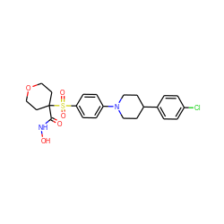 O=C(NO)C1(S(=O)(=O)c2ccc(N3CCC(c4ccc(Cl)cc4)CC3)cc2)CCOCC1 ZINC000049089658