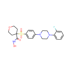 O=C(NO)C1(S(=O)(=O)c2ccc(N3CCN(c4ccccc4F)CC3)cc2)CCOCC1 ZINC000049036385