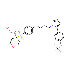 O=C(NO)C1(S(=O)(=O)c2ccc(OCCCn3cncc3-c3ccc(OC(F)(F)F)cc3)cc2)CCOCC1 ZINC000071334532