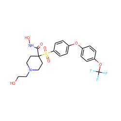 O=C(NO)C1(S(=O)(=O)c2ccc(Oc3ccc(OC(F)(F)F)cc3)cc2)CCN(CCO)CC1 ZINC000072107299