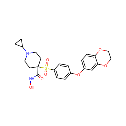 O=C(NO)C1(S(=O)(=O)c2ccc(Oc3ccc4c(c3)OCCO4)cc2)CCN(C2CC2)CC1 ZINC000072108901