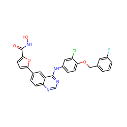 O=C(NO)c1ccc(-c2ccc3ncnc(Nc4ccc(OCc5cccc(F)c5)c(Cl)c4)c3c2)o1 ZINC000066251223