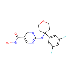 O=C(NO)c1cnc(NC2(c3cc(F)cc(F)c3)CCOCC2)nc1 ZINC000166649152