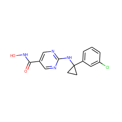 O=C(NO)c1cnc(NC2(c3cccc(Cl)c3)CC2)nc1 ZINC000166641252