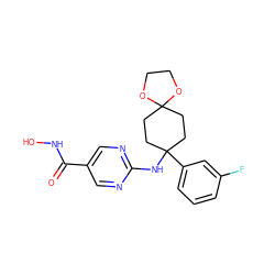 O=C(NO)c1cnc(NC2(c3cccc(F)c3)CCC3(CC2)OCCO3)nc1 ZINC001772571149