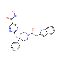 O=C(NO)c1cnc(NC2(c3ccccc3)CCN(C(=O)Cc3cc4ccccc4[nH]3)CC2)nc1 ZINC001772599414