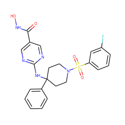 O=C(NO)c1cnc(NC2(c3ccccc3)CCN(S(=O)(=O)c3cccc(F)c3)CC2)nc1 ZINC001772641343