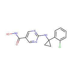 O=C(NO)c1cnc(NC2(c3ccccc3Cl)CC2)nc1 ZINC000166654875