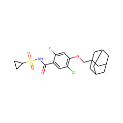 O=C(NS(=O)(=O)C1CC1)c1cc(Cl)c(OCC23CC4CC(CC(C4)C2)C3)cc1F ZINC000216202907