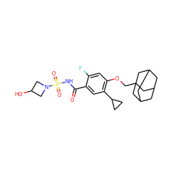 O=C(NS(=O)(=O)N1CC(O)C1)c1cc(C2CC2)c(OCC23CC4CC(CC(C4)C2)C3)cc1F ZINC000216202429