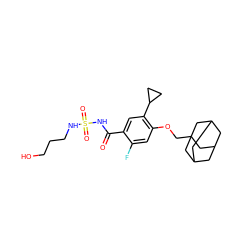 O=C(NS(=O)(=O)NCCCO)c1cc(C2CC2)c(OCC23CC4CC(CC(C4)C2)C3)cc1F ZINC000216203570