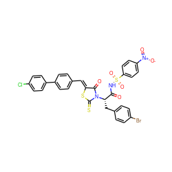 O=C(NS(=O)(=O)c1ccc([N+](=O)[O-])cc1)[C@H](Cc1ccc(Br)cc1)N1C(=O)/C(=C/c2ccc(-c3ccc(Cl)cc3)cc2)SC1=S ZINC000299871179
