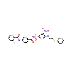 O=C(NS(=O)(=O)c1ccc(NCCSc2ccccc2)c([N+](=O)[O-])c1)c1ccc(NC(=O)c2ccccc2F)cc1 ZINC000073239868