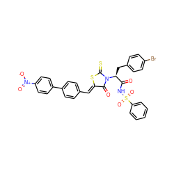 O=C(NS(=O)(=O)c1ccccc1)[C@H](Cc1ccc(Br)cc1)N1C(=O)/C(=C/c2ccc(-c3ccc([N+](=O)[O-])cc3)cc2)SC1=S ZINC000299870725