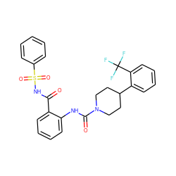 O=C(NS(=O)(=O)c1ccccc1)c1ccccc1NC(=O)N1CCC(c2ccccc2C(F)(F)F)CC1 ZINC000299837691