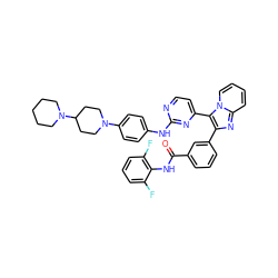 O=C(Nc1c(F)cccc1F)c1cccc(-c2nc3ccccn3c2-c2ccnc(Nc3ccc(N4CCC(N5CCCCC5)CC4)cc3)n2)c1 ZINC000049841394