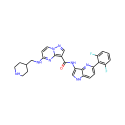 O=C(Nc1c[nH]c2ccc(-c3c(F)cccc3F)nc12)c1cnn2ccc(NCC3CCNCC3)nc12 ZINC000096270700