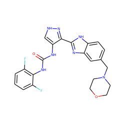 O=C(Nc1c[nH]nc1-c1nc2cc(CN3CCOCC3)ccc2[nH]1)Nc1c(F)cccc1F ZINC000040865523