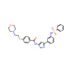 O=C(Nc1cc(-c2cccc(NS(=O)(=O)c3ccccc3)c2)n[nH]1)c1ccc(OCCN2CCOCC2)cc1 ZINC000072175790