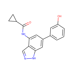 O=C(Nc1cc(-c2cccc(O)c2)cc2[nH]ncc12)C1CC1 ZINC000113871080