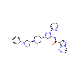 O=C(Nc1cc(C2CCN([C@H]3CCN(c4ccc(F)cc4)C3)CC2)nn1-c1ccccn1)c1cnn2cccnc12 ZINC000143372077