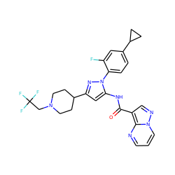 O=C(Nc1cc(C2CCN(CC(F)(F)F)CC2)nn1-c1ccc(C2CC2)cc1F)c1cnn2cccnc12 ZINC000204778965