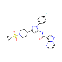 O=C(Nc1cc(C2CCN(S(=O)(=O)C3CC3)CC2)nn1-c1ccc(F)cc1)c1cnn2cccnc12 ZINC000145862675