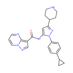 O=C(Nc1cc(C2CCNCC2)nn1-c1ccc(C2CC2)cc1)c1cnn2cccnc12 ZINC000204745044