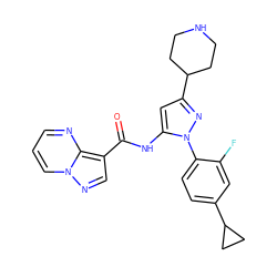 O=C(Nc1cc(C2CCNCC2)nn1-c1ccc(C2CC2)cc1F)c1cnn2cccnc12 ZINC000204758462