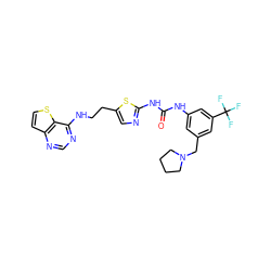 O=C(Nc1cc(CN2CCCC2)cc(C(F)(F)F)c1)Nc1ncc(CCNc2ncnc3ccsc23)s1 ZINC000049878023