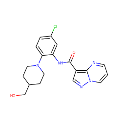 O=C(Nc1cc(Cl)ccc1N1CCC(CO)CC1)c1cnn2cccnc12 ZINC000113653040