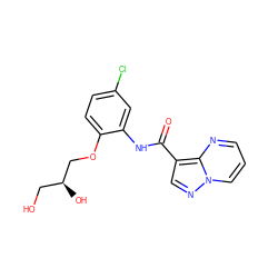 O=C(Nc1cc(Cl)ccc1OC[C@@H](O)CO)c1cnn2cccnc12 ZINC000113652765