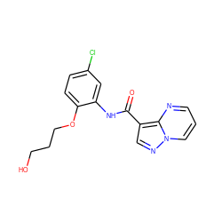 O=C(Nc1cc(Cl)ccc1OCCCO)c1cnn2cccnc12 ZINC000113654685