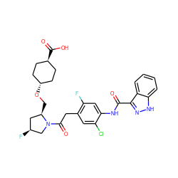 O=C(Nc1cc(F)c(CC(=O)N2C[C@@H](F)C[C@H]2CO[C@H]2CC[C@H](C(=O)O)CC2)cc1Cl)c1n[nH]c2ccccc12 ZINC000253673420