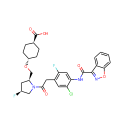 O=C(Nc1cc(F)c(CC(=O)N2C[C@@H](F)C[C@H]2CO[C@H]2CC[C@H](C(=O)O)CC2)cc1Cl)c1noc2ccccc12 ZINC000253679295