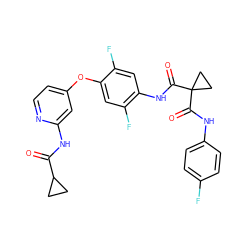 O=C(Nc1cc(Oc2cc(F)c(NC(=O)C3(C(=O)Nc4ccc(F)cc4)CC3)cc2F)ccn1)C1CC1 ZINC000113198271