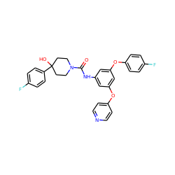 O=C(Nc1cc(Oc2ccncc2)cc(Oc2ccc(F)cc2)c1)N1CCC(O)(c2ccc(F)cc2)CC1 ZINC000473247919