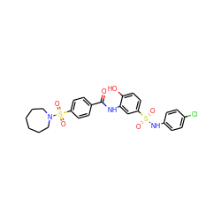 O=C(Nc1cc(S(=O)(=O)Nc2ccc(Cl)cc2)ccc1O)c1ccc(S(=O)(=O)N2CCCCCC2)cc1 ZINC000017576849