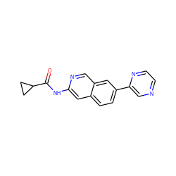 O=C(Nc1cc2ccc(-c3cnccn3)cc2cn1)C1CC1 ZINC000169699990