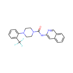 O=C(Nc1cc2ccccc2cn1)N1CCN(c2ccccc2C(F)(F)F)CC1 ZINC000028109354