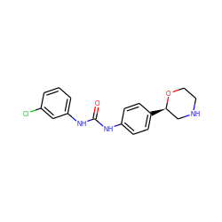 O=C(Nc1ccc([C@@H]2CNCCO2)cc1)Nc1cccc(Cl)c1 ZINC000117728765