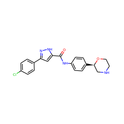 O=C(Nc1ccc([C@@H]2CNCCO2)cc1)c1cc(-c2ccc(Cl)cc2)n[nH]1 ZINC000150140487