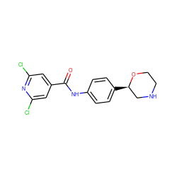 O=C(Nc1ccc([C@@H]2CNCCO2)cc1)c1cc(Cl)nc(Cl)c1 ZINC000117719456