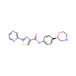 O=C(Nc1ccc([C@@H]2CNCCO2)cc1)c1csc(-c2cnccn2)n1 ZINC000117717862