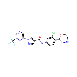 O=C(Nc1ccc([C@H]2CNCCO2)c(Cl)c1)c1cnn(-c2cncc(C(F)(F)F)n2)c1 ZINC000149955354