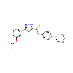 O=C(Nc1ccc([C@H]2CNCCO2)cc1)c1cc(-c2cccc(OC(F)F)c2)n[nH]1 ZINC000150101186