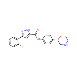 O=C(Nc1ccc([C@H]2CNCCO2)cc1)c1cc(-c2ccccc2Cl)n[nH]1 ZINC000150227828