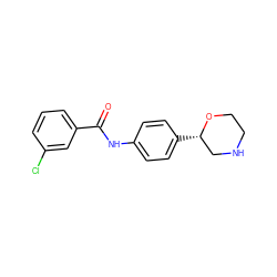 O=C(Nc1ccc([C@H]2CNCCO2)cc1)c1cccc(Cl)c1 ZINC000117714471