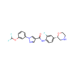 O=C(Nc1ccc([C@H]2CNCCO2)cc1F)c1cnn(-c2cccc(OC(F)F)c2)c1 ZINC000149933619